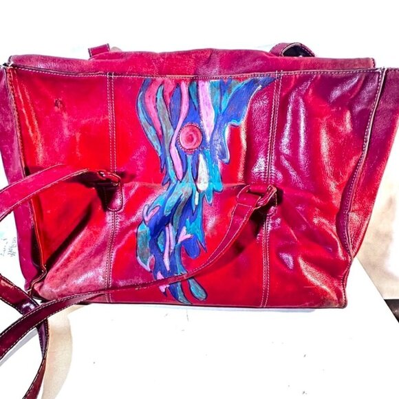 Tignanello Messenger Hobo Tote Handpainted Distressed Computer Bag - Picture 1 of 9